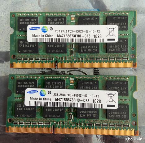 2 BARRETTES SAMSUNG 2GB 2Rx8 PC3 8500S-07-10-F2