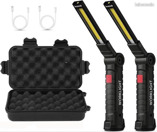 2 Lampes de travail led rechargeable Lampe Atelier Torche avec Base Magnétique 5 Modes, lampe camping, lampe mecanicien avec boite de Transport (Grands modèles, 2 Pièces)Article neuf sous Blister