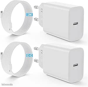30W Chargeur Rapide Compatible avec iPhone 16/16 Pro/16 Pro Max/16 Plus/15/15 Pro/15 Pro Max/15 Plus/iPad/iPad Air USB C PD Adaptateur Type C Charge Secteur Prise avec 2M Câble 2 Pack