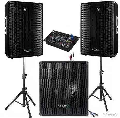 Pack Sono Mixage DJ 2200W avec 1 caisson + 2 enceintes + pieds + cables