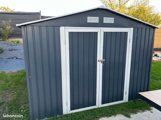 Abri de jardin en metal 8,84m2 - 2 portes battantes - Gris anthracite