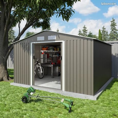 Abri de jardin en métal gris châtaigne 11,53m² + kit ancrage
