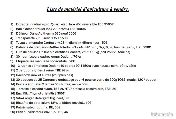 Apiculture beaucoup de matériel à vendre Etat excellent