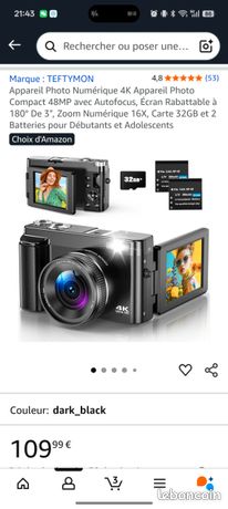 Appareil Photo Numérique 4K Appareil Photo Compact 48 avec Autofocus, Écran Rabattable à 180° De 3", Zoom Numérique 16X, Carte 32GB et 2 Batteries pour Débutants et Adolescents