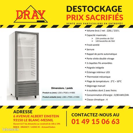 ARMOIRE VITRÉE À BOISSONS RÉFRIGÉRÉE 210 L soit 234 canettes de 33cl