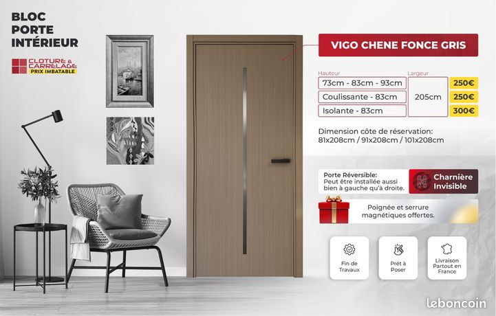 Portes dintérieur FIN DE CHANTIER CHARNIERES INVISIBLES SERRURE MAGNETIQUE POIGNEE INCLUS