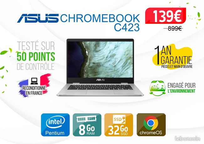 ASUS Chromebook C423: Intel® Celeron® N3350 8GO RAM ET 32GO SSD