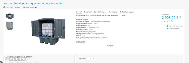 Bac de rétention plastique fermé 1000 L neuf