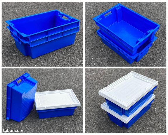 Bacs alimentaires 60 x 40 x 20 cm, bleu, empilables et emboitables