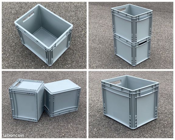 Bacs plastiques alimentaires 40 x 30 cm et 60 x 40 cm, plusieurs hauteurs, gris, empilables