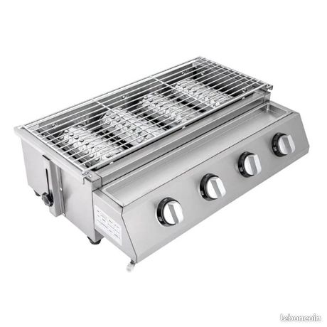Barbecue à gaz sans fumée à 4 brûleurs-Barbecue de table en acier inoxydable avec brûleur en céramique Infrarouge-Grille de cuisson en fonte Barbecue de camping pour cuisine en plein