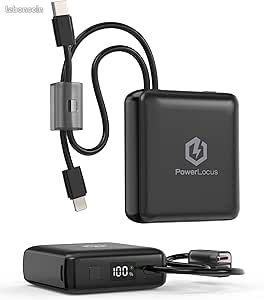 Batterie Externe Charge Rapide 10000mAh Power Bank Petite USB C PD 20W avec Cable Intégré Super léger 171g Affichage LED 3-Ports Mini Chargeur Portable pour iPhone SamsungXiaomiiPad