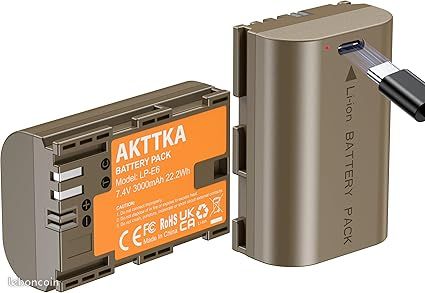 Batterie LP-E6 2 pcs avec câble USB-C 2-en-1 3000mAh Compatible Canon LP-E6/LP-E6N EOS 5D II/III/IV 6D/6D II 7D/7D II 60D/70D/80D/90D et Plus