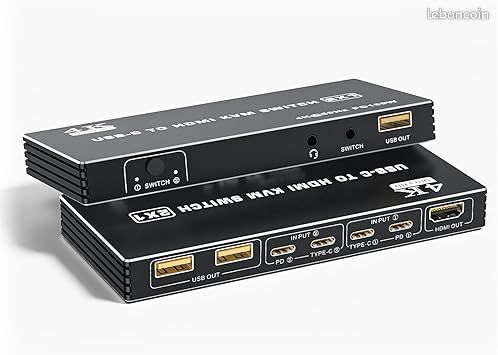 Bolaazul Commutateur KVM USB C HDMI 4K 60 Hz commutateur KVM 2 x 1 type C 2 en 1 pour 2 ordinateurs 1 moniteur HDMI 1 souris et clavier 2 câbles vidéo USB inclus
