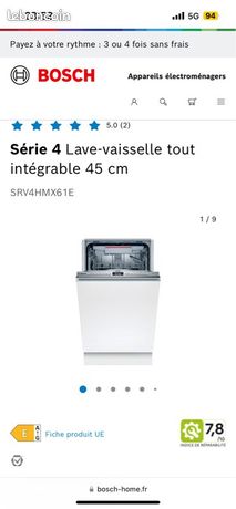 Bosch lave vaisselle tout intégrable 45cm neuf