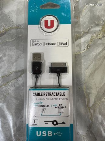 Câble rétractable iPod iPhone iPad-longueur 1 m /noir