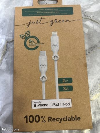 Câble synchro et charge USBC /Lightning Apple blanc 3A 2 m Just green