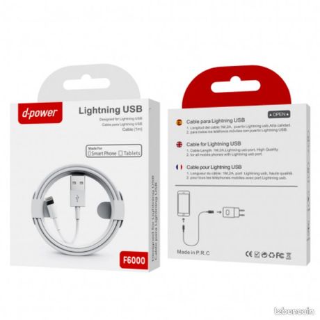 Câble USB / Lightning D-power F6000 1M Blanc