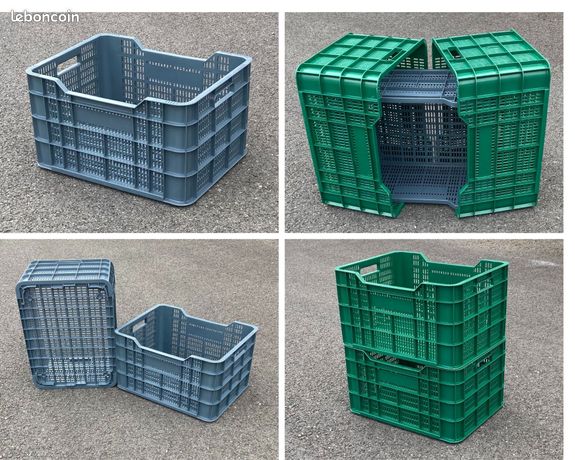 Cagettes alimentaires 50 x 38 x 28 cm, vert ou gris, empilables