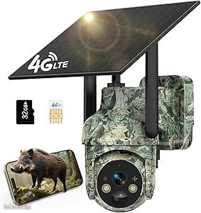 Caméra Trap Solaire Cellulaire 4G LTE Carte SIM Intégrée sans WiFi Caméra Surveillance Extérieur avec Détection de Mouvement 2K Vision Nocturne 360° PTZ Audio Bidirectionnel Etanche IP66