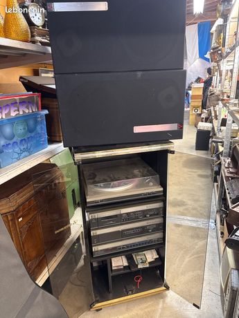 Chaîne hi-fi Mitsubishi platine Vinyles lecteur Cassette radio amplificateur et meuble