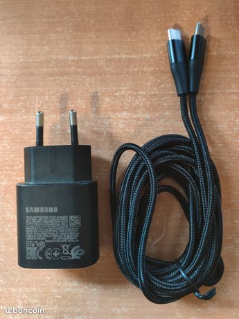 Chargeur Samsung epta800 noir 25w Type-C + câble type-C de 3 mètres noir nylon