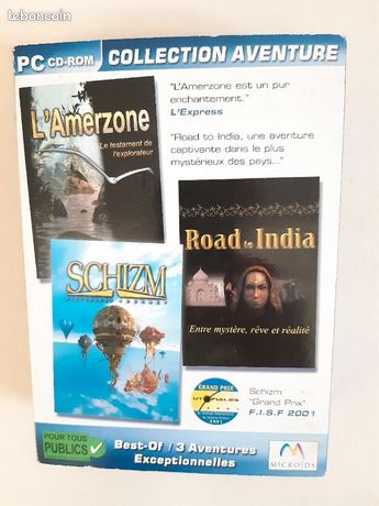 Coffret 3 jeux pc d'aventure jeux Road of India l'Amerzone et Schizm