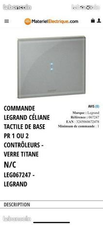 Commande Céliane tactile de base pr 1 ou 2 contrôleurs - Verre Titane Référence Produit: LEG067247