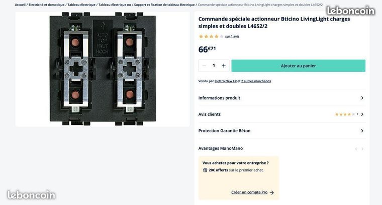 Commande spéciale actionneur Bticino LivingLight charges simples et doubles L4652/2