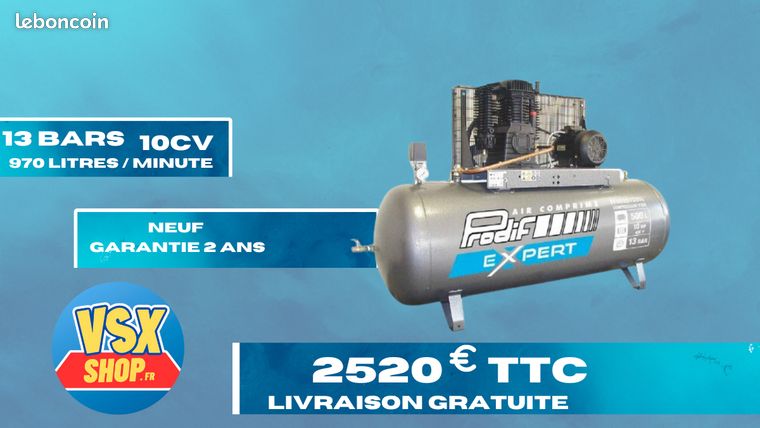 Compresseur d'atelier 200 litres 10 CV 970 litres/minute port offert