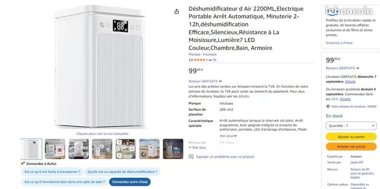 Déshumidificateur d air 2200ml