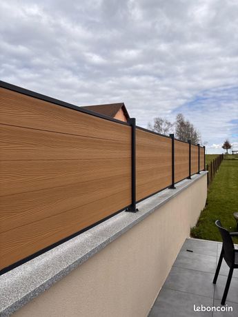 clôture composite premium gris anthracite / gris clair / couleur bois clair