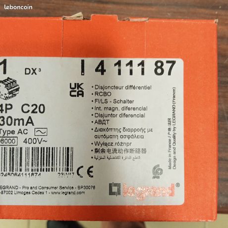 Disjoncteur différentiel monobloc DX³6000 10kA arrivée haute et départ bas à vis 4P 400V~ - 20A - typeAC 30mA