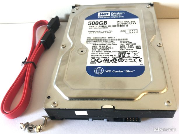 Disque dur 500 Go SATA 3 Western Digital Caviar Blue avec câble SATA et vis 500Go SATA III