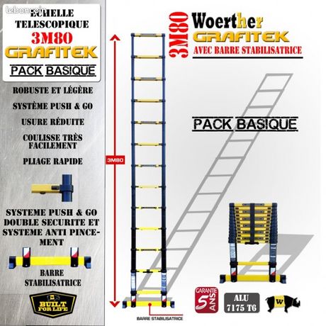 Échelle télescopique de 3m80, équipée d'une barre stabilisatrice, fabriquée en aluminium et graphite, supportant jusqu'à 150 kg, de 5 ans