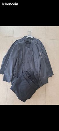 Ensemble 2 vestes de cuisine grise XL Robur taille 5 et pantalon tablier