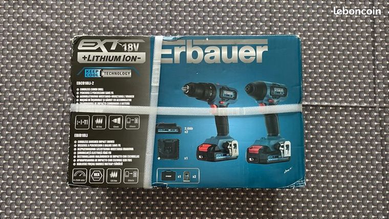 ⚠️ ERBAUER 18V ⚠️ ensemble NEUF perceuse à percussion et visseuse à percussion vendu avec deux batteries 18V et chargeur