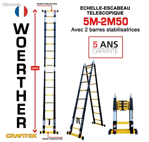 Escabeau télescopique, Echelle télescopique 5m00-2m50 Double fonctions Woerther 5 ans