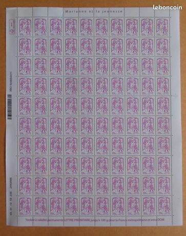 Feuillle de 100 timbre poste marianne lettre prioritaire 100g