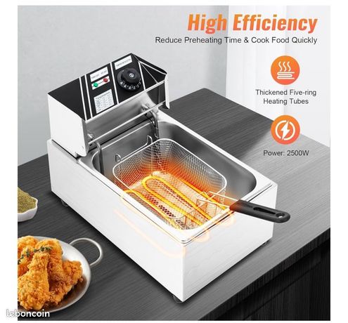 Friteuse électrique en acier inoxydable 6 l avec panier 3000 W thermostat 60-200 °C chauffage rapide robinet de vidange protection contre la surchauffe