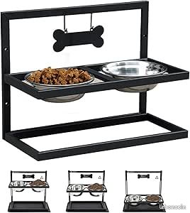 Gamelle surélevée pour Chien réglable en Hauteur3 hauteurs réglablesavec 2 gamelles en Acier Inoxydable 67 x 2Support d'alimentation StableSupport de gamelle surélevé pour Les Chiens