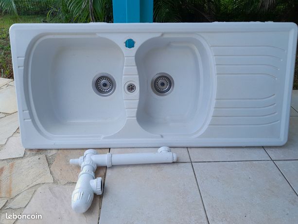 Grand évier double tout équipé bondes et siphon
