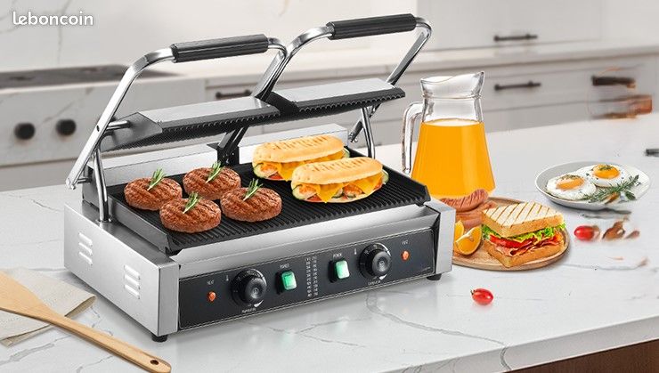 GRILL DOUBLE PRESSE à VIANDES & PANINIS 3600W PLAQUES RAINUREES