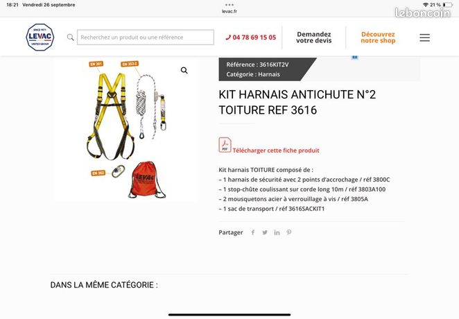 Harnais de sécurité + stop chute de toit