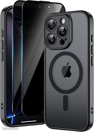 Helssitot Coque Magnétique pour iPhone 16 Pro 6,3 Pouces avec 2 Verre Trempé Anti-Espion, Compatible avec MagSafe, Étui Mat Translucide Arrière Housse Antichoc Anti-Rayures pour iPhone 16 Pro, Noir