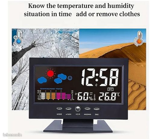Horloge Numérique à Contrôle Vocal avec Rétroéclairage, Température et Humidité, Prédiction Météo - Cadran 12/24h Électronique avec Câble USB