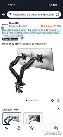 HUANUO Support Ecran PC 2 Ecran de 13 à 32 Pouces Bras pour Écran Pc pour Écrans Plats Bras Ecran PC VESA 75x75/100x100mm