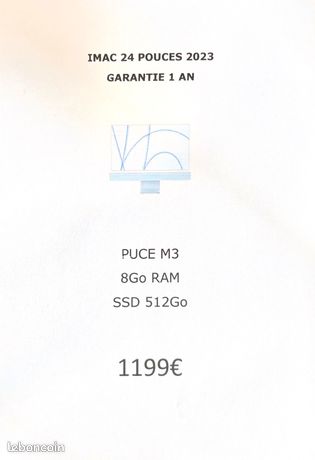 IMAC 24 pouces 2023 M3 ssd 512Go garantie 1 an