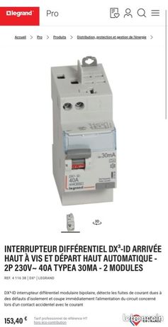 Interrupteur différentiel dx³-id arrivée haut à vis et départ haut automatique - 2p 230v~ 40a typea 30ma - 2 modules