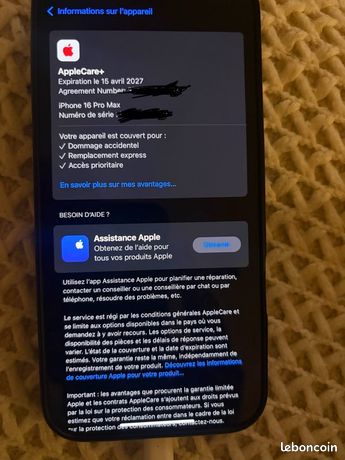 IPhone 16 pro Max Titane 256Go- garantie AppleCare+ Avril 2027